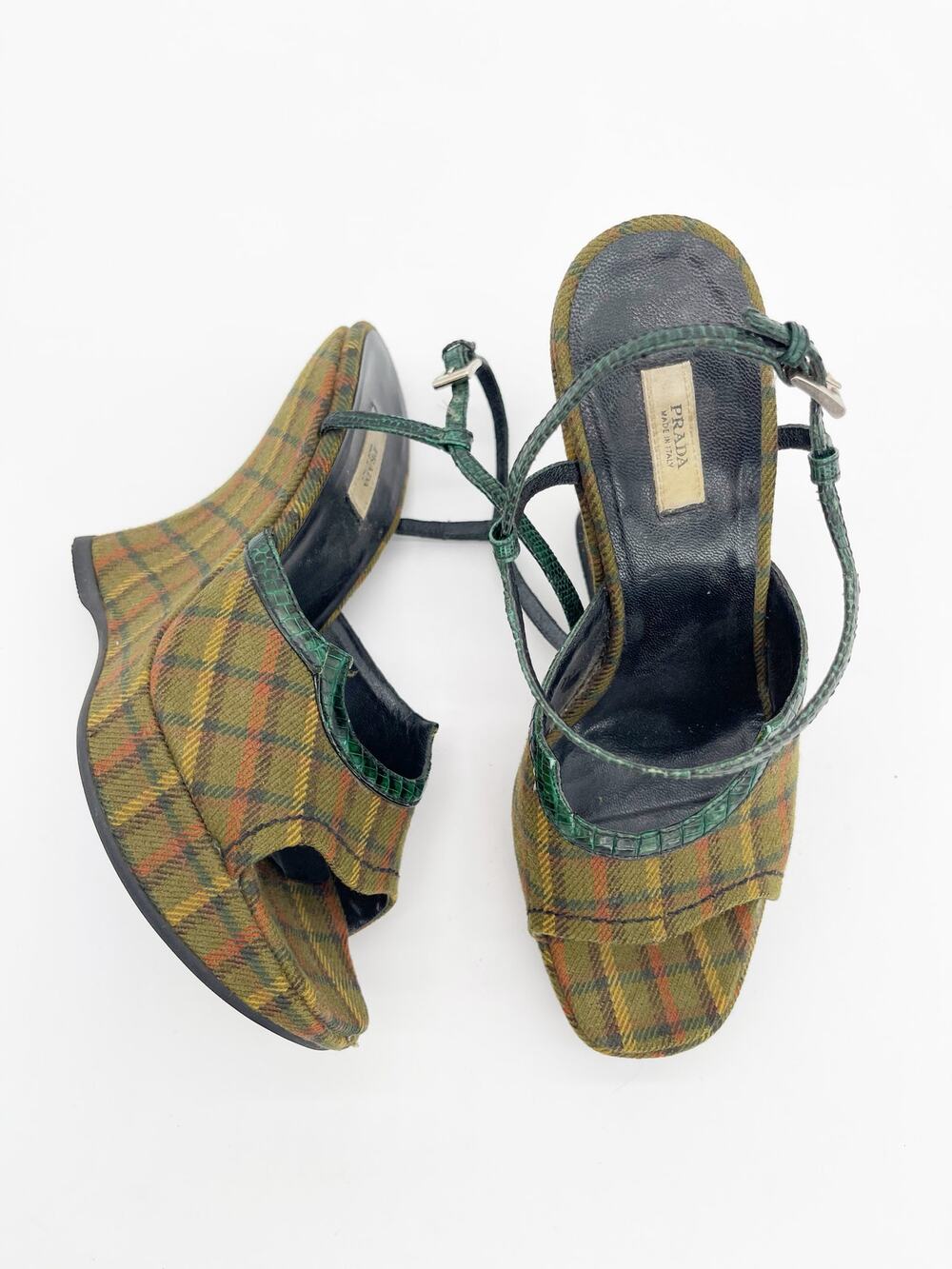 Prada Fall 2004 Runway Green Plaid Croc Trim Sculptural Wedge Sandals IT 35.5
